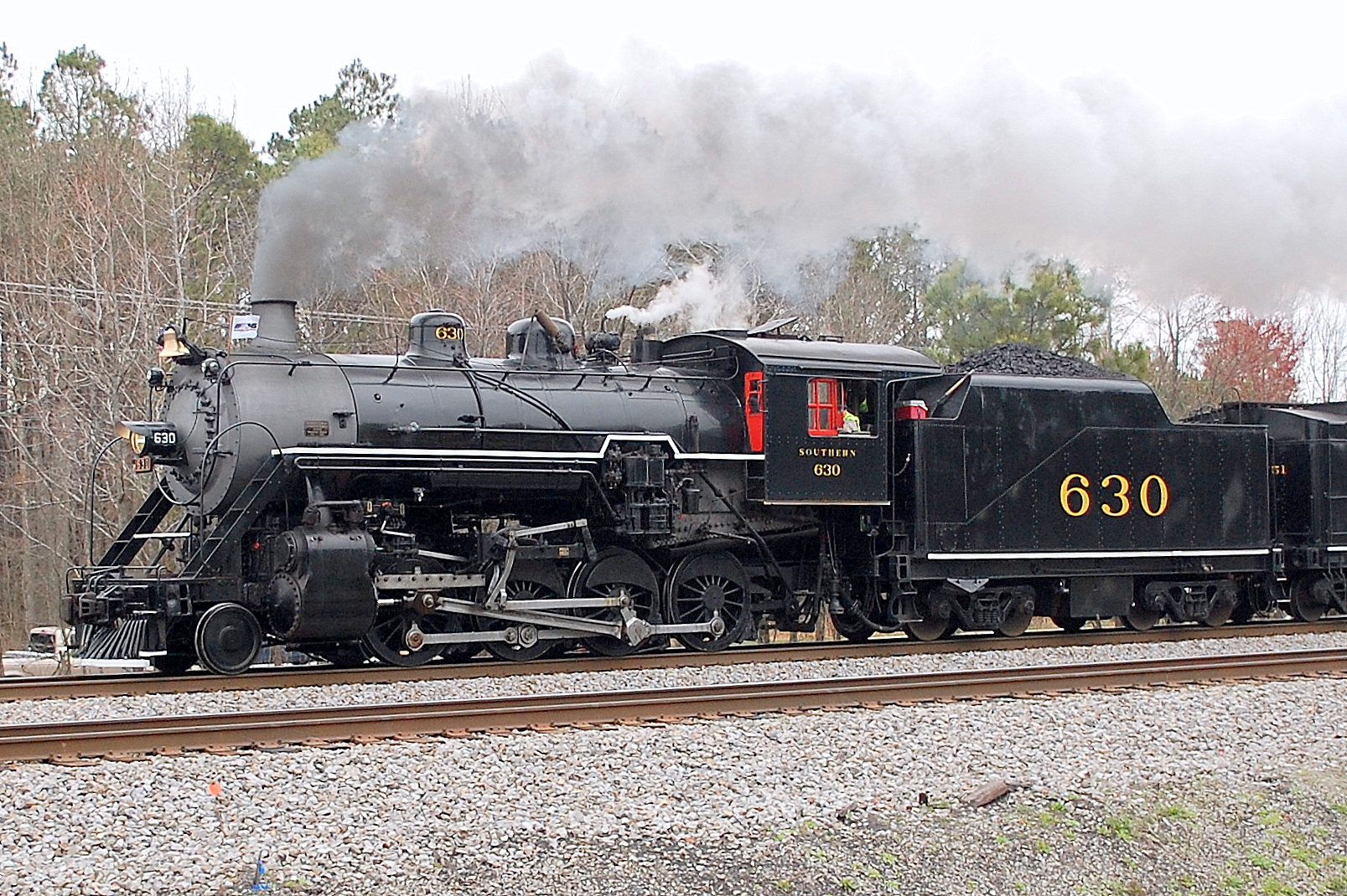 Sou 2-8-0 #630 heads west along Railroad Ave.