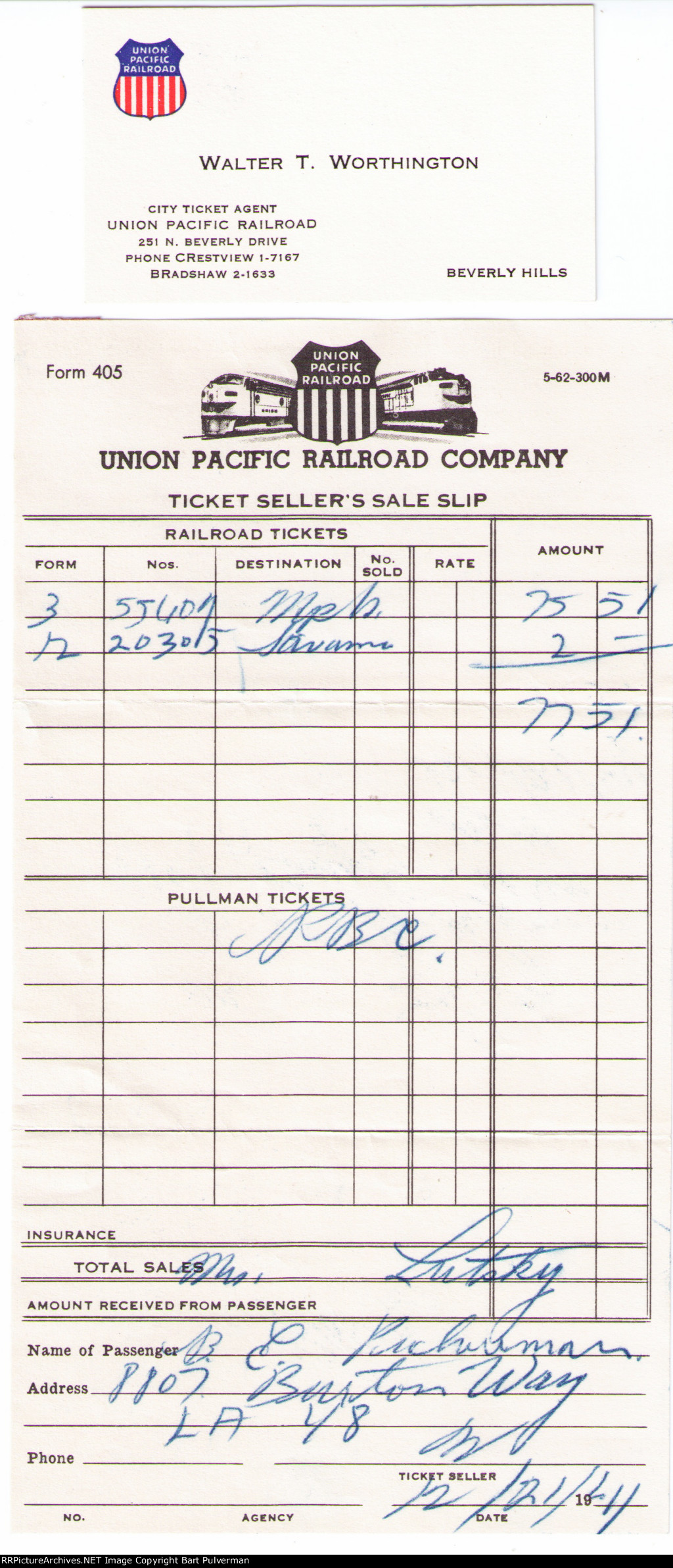 Union Pacific Ticket Agent's Business Card and Sales Slip for City of Los Angeles Tickets