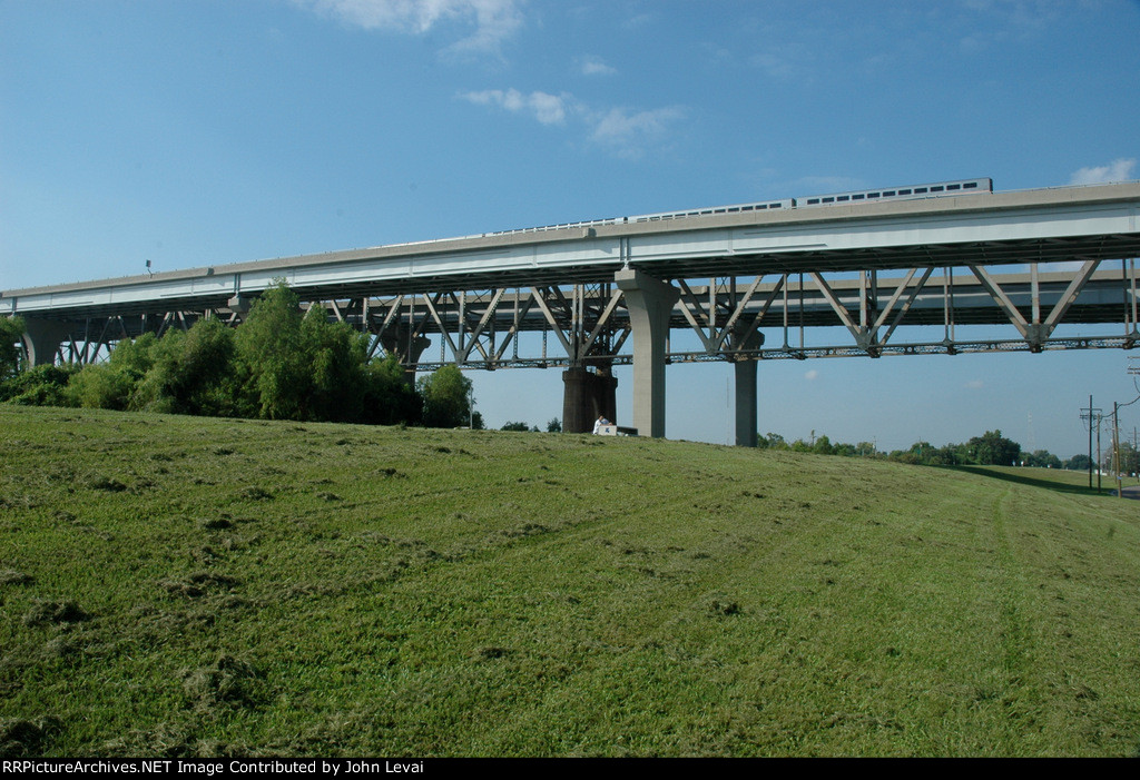 Tail end of Amtrak Train # 1 crossing the Huey P. Long Bridge
