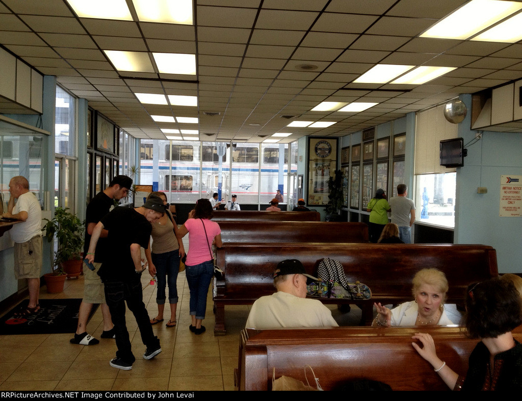 Interior of Amtrak Station, with Train # 2 outside.