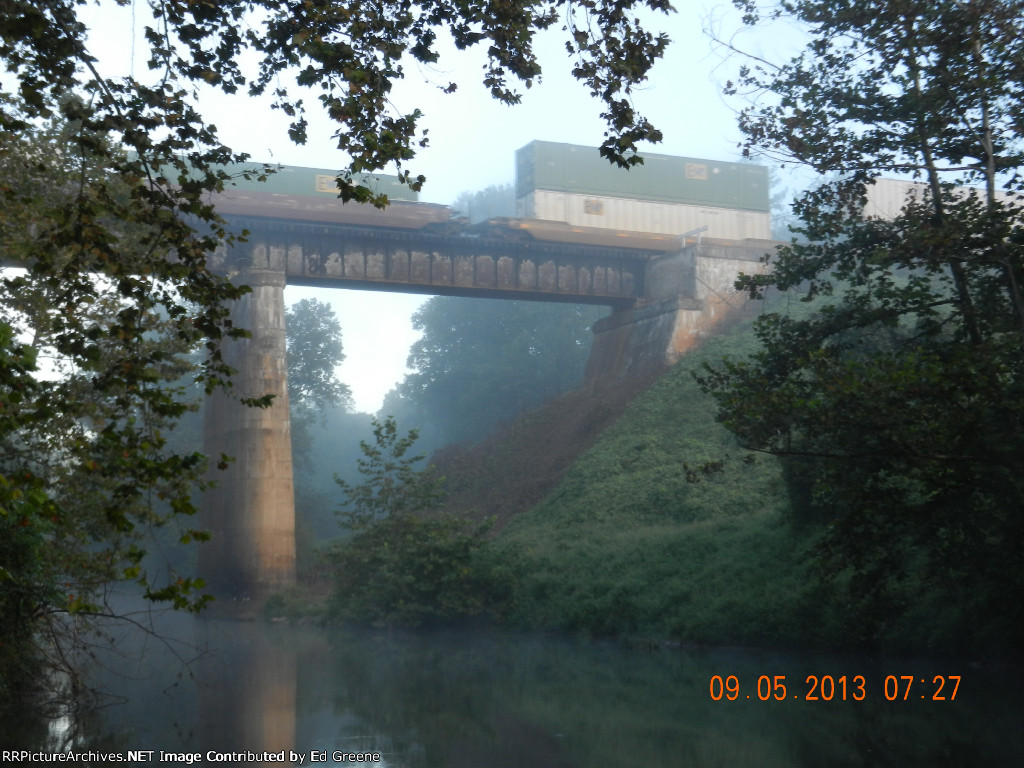 Southbound Freight on Old Trestle On The Rockfish River West Of Schuyler