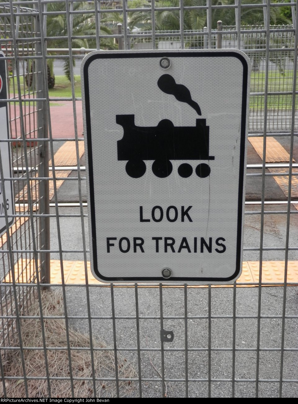"Look for trains" sign
