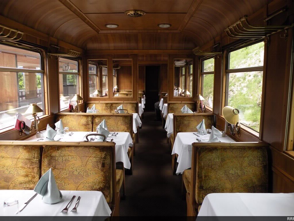 Interior of the vintage dining car on the Glacier Express.