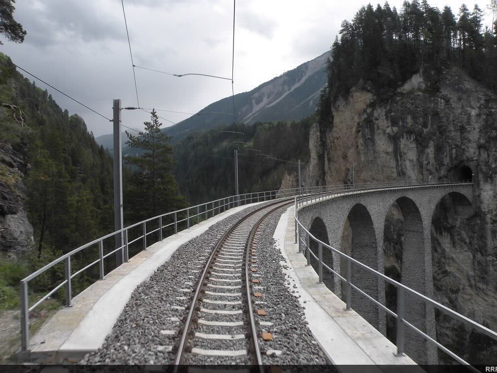 Looking out the back of the Glacier Express at the legendary Landwasser viaduct. 