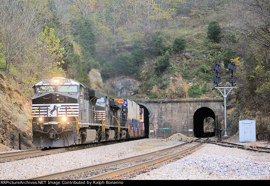 Westbound intermodal 23A emerges from the Montgomery tunnel climbing the grade