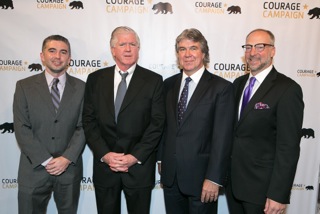 Honorees Patrick Burke, and his dad, Brian Burke, Canadian Consul General David Fransen and Courage Campaign Chair Richard Jacobs