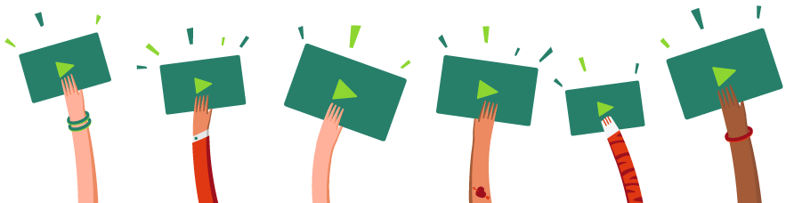 Hands holding video icons in front of rolling hills