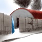 shed with red roof