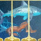 Figure in repose with two sharks