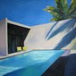"Pool and two yellow chairs".