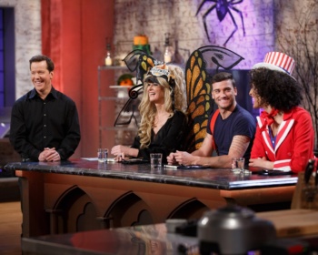 Judges, from left, Sandra Lee, Damiano Carrara, and Carla Hall critique a chocolate buttermilk cake made to resemble a brain prepared by Veronica von Borstel (off camera), during the judging of the main-heat challenge as seen on Food Network's Halloween Baking Championship, Season 2.