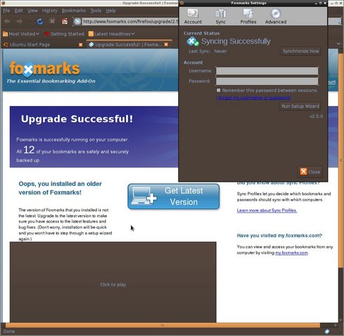 A screen-shot illustrating a bug in Foxmarks which states that bookmarks have been synchronized when that is impossible.