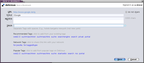 Screenshot of delicious addon when adding a bookmark