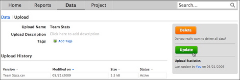 Select Update to add to an existing data set