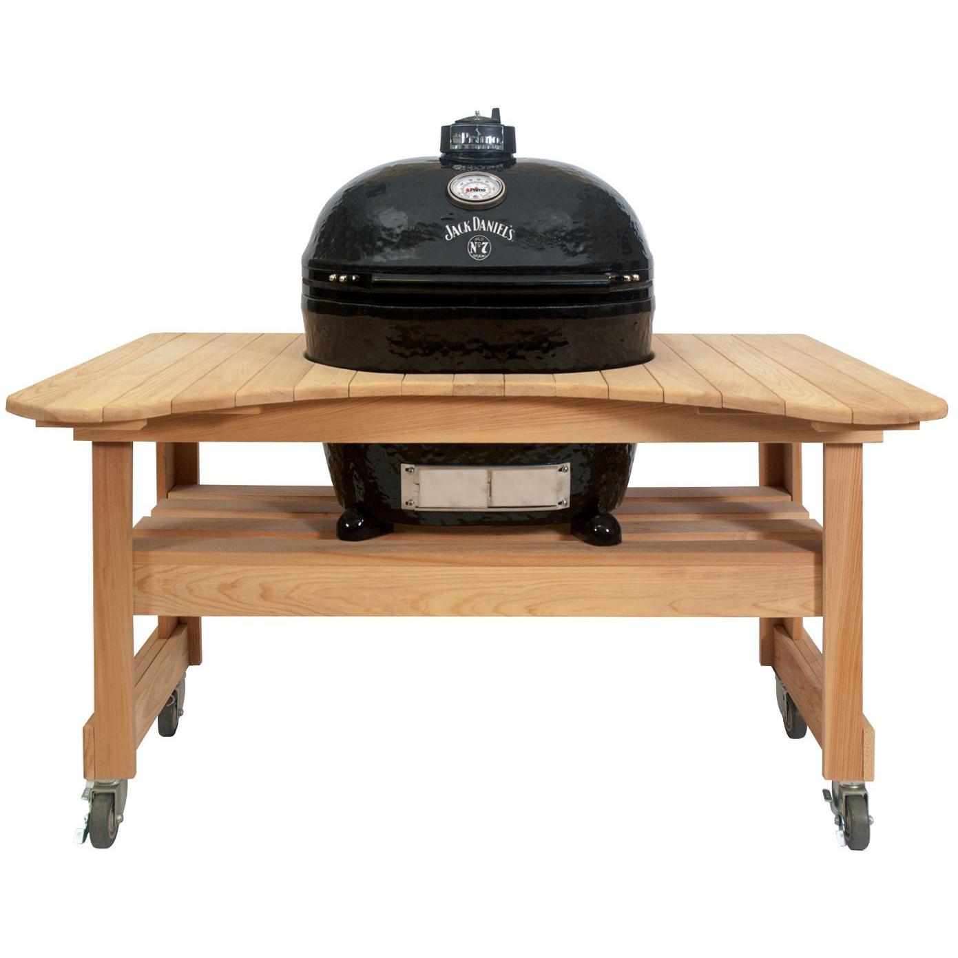 Primo Jack Daniels Edition Oval XL Ceramic Kamado Grill On Curved Cypress Table - 900 + 600 Primo Jack Daniels Edition Oval XL Ceramic Kamado Grill On Curved Cypress Table - 900 + 600
