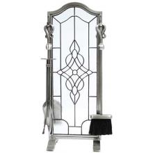 UniFlame 5 Piece Pewter Finish Leaded Glass Fireset With Scroll Design