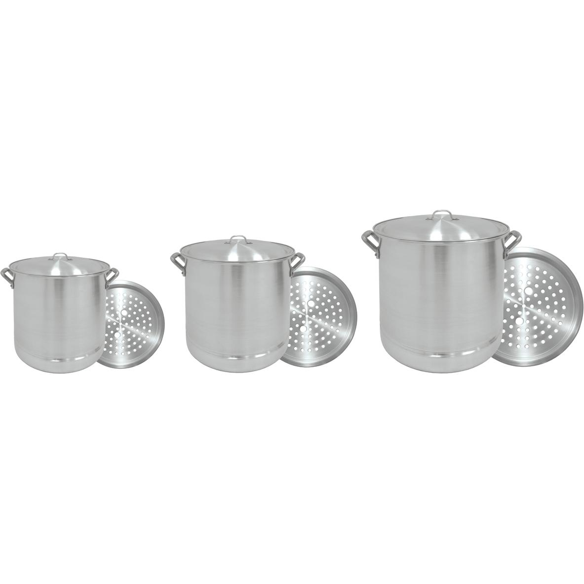 Stock Racks - Bayou Classic Pot Sets 8, 16, & 32 Quarts Three Piece Aluminum Nested Steamer Stock Pot Set