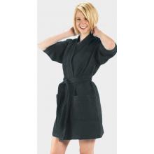 Terry Town Thigh Length Waffle Weave Kimono Robe One Size Fits Most - Black