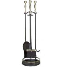 UniFlame 5 Piece Triple Plated Black & Antique Brass Fireset With Ball Handles & Round Base