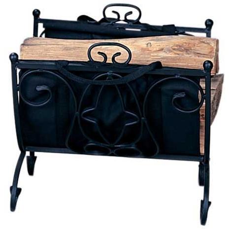 UniFlame Black Wrought Iron Heavy Weight Log Rack With Scroll Design And Canvas Carrier