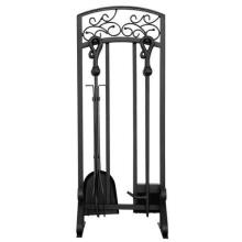 UniFlame 5 Piece Black Wrought Iron Fireset With Hammered Copper Top Trim