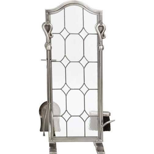 UniFlame 5 Piece Pewter Finish Leaded Glass Fireset With Diamond Design