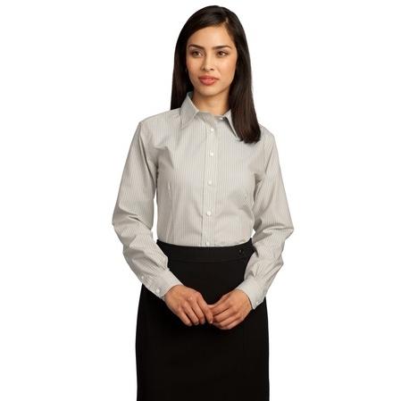 Red House Ladies Non-Iron Button-Down Shirt Medium - Light Tan/White Stripe