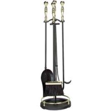 UniFlame 5 Piece Triple Plated Black & Polished Brass Fireset With Ball Handles & Round Base