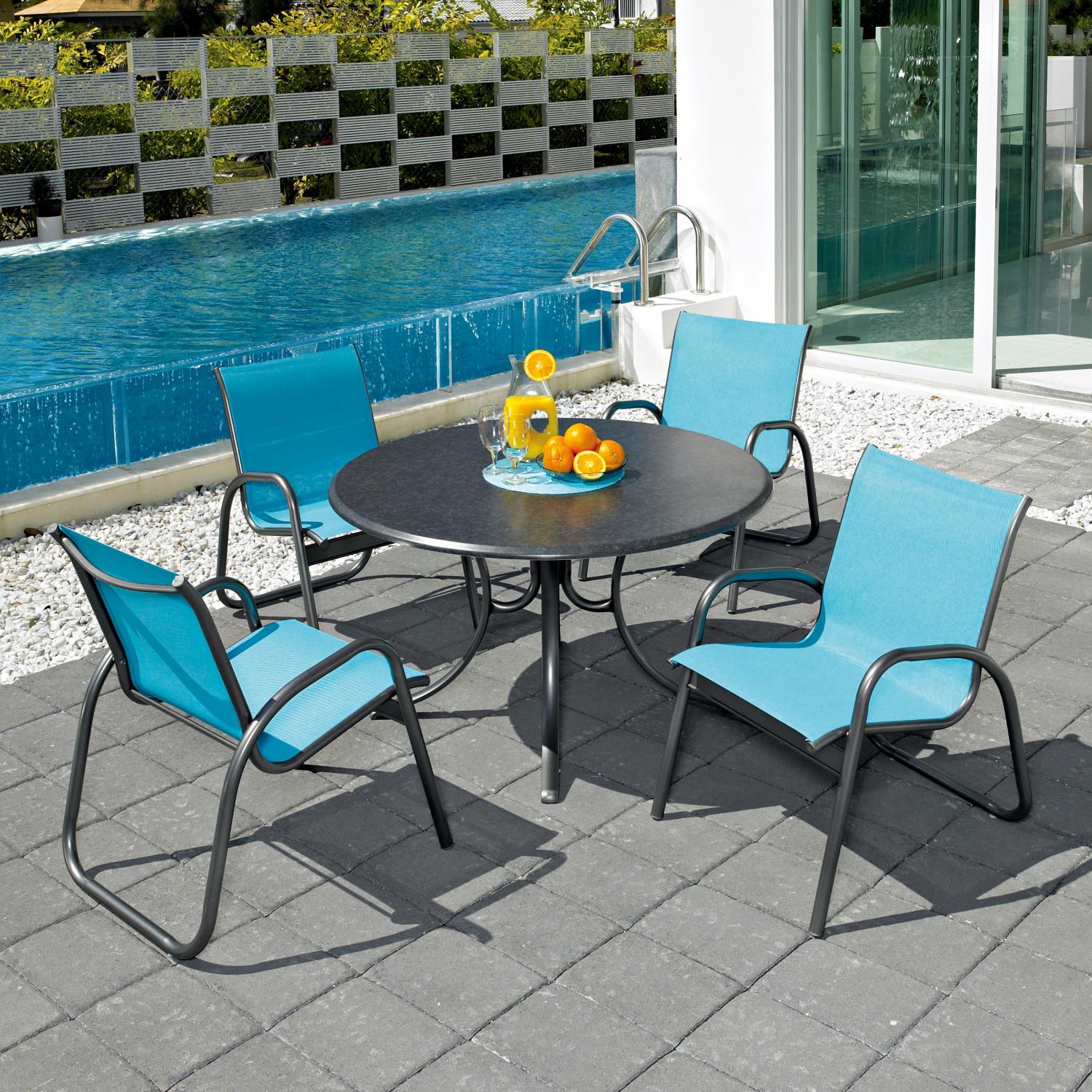 Telescope Casual Gardenella 4-Person Sling Patio Dining Set With Stacking Chairs And 42-Inch Table Telescope Casual Gardenella 4-Person Sling Patio Dining Set With Stacking Chairs And 42-Inch Table
