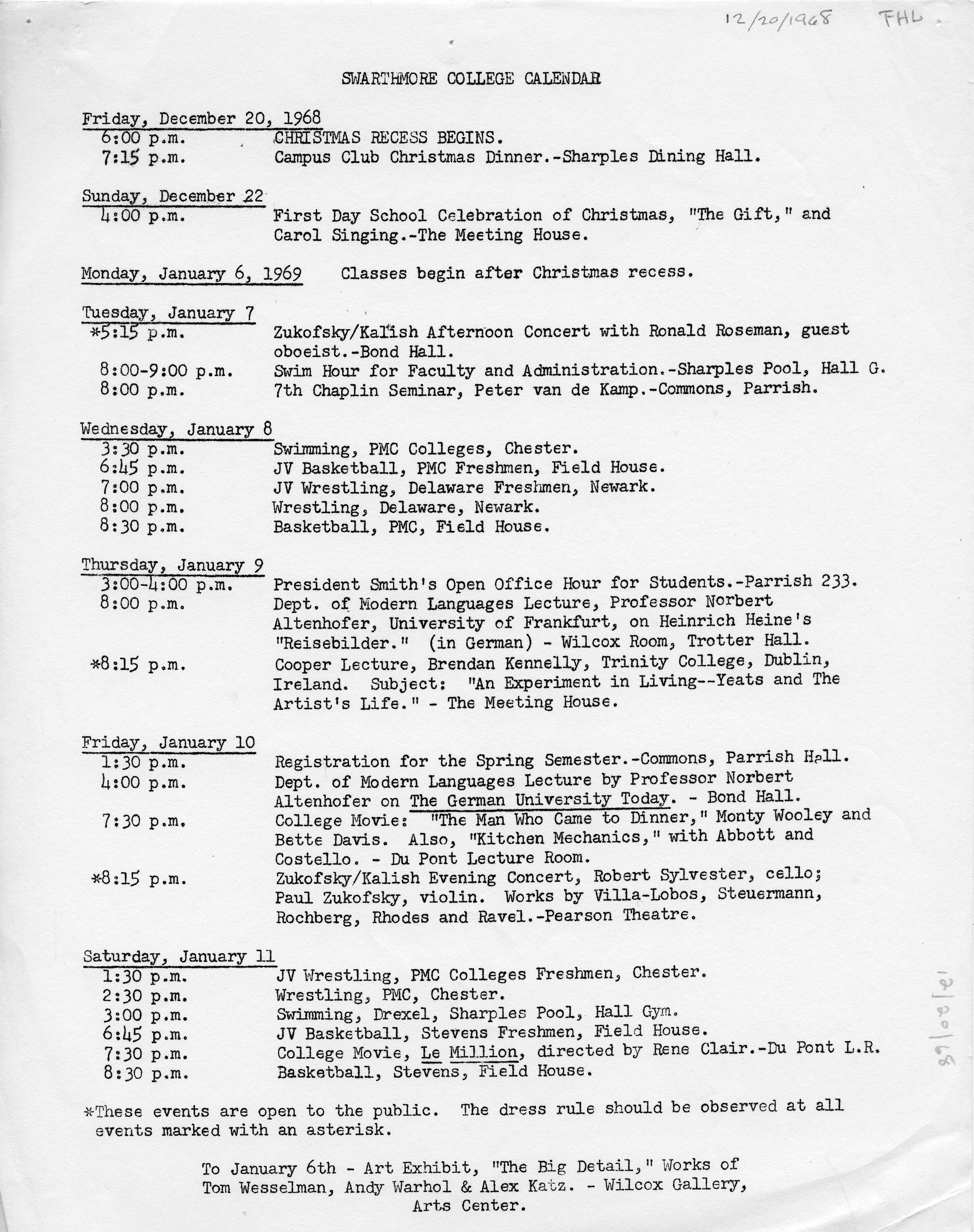Swarthmore College Calendar [12/1968 - 01/1969] · Black Liberation 1969 Archive