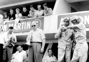 Carroll Shelby (right) talks with Roy Salvadori on their way to victory at the 1959 running of the 24 Hours of Le Mans