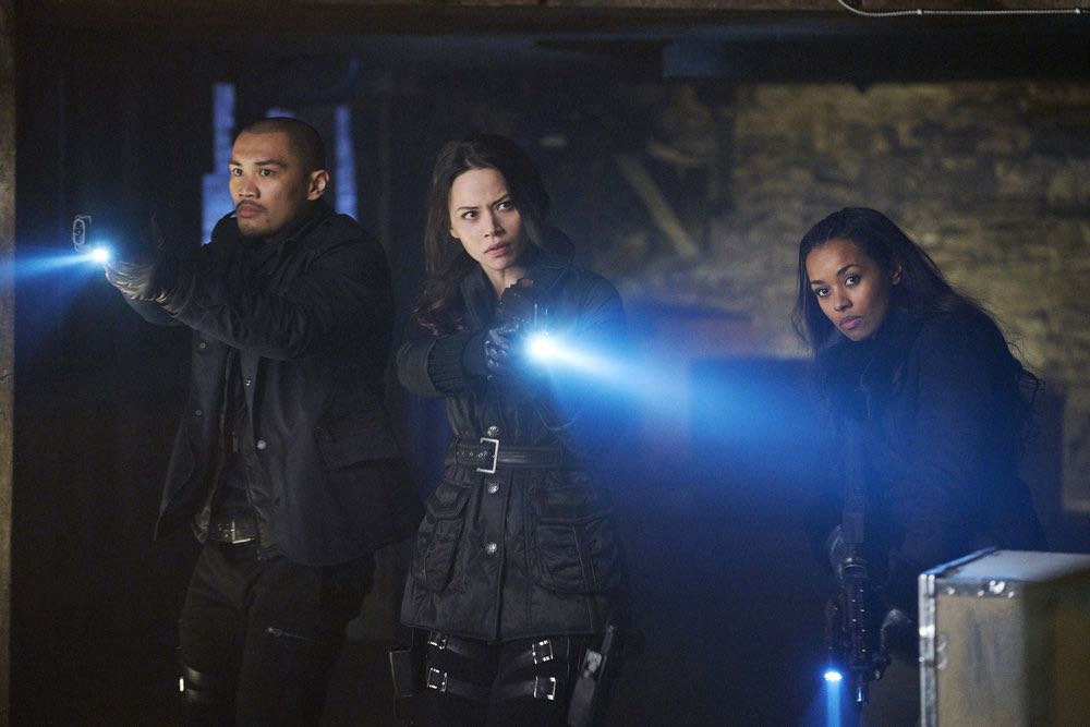 DARK MATTER -- "We Voted Not to Space You" Episode 205 -- Pictured: (l-r) Alex Mallari, Jr. as Four, Melissa O'Neil as Two, Melanie Liburd as Nyx -- (Photo by: Steve Wilkie/Prodigy Pictures/Syfy)