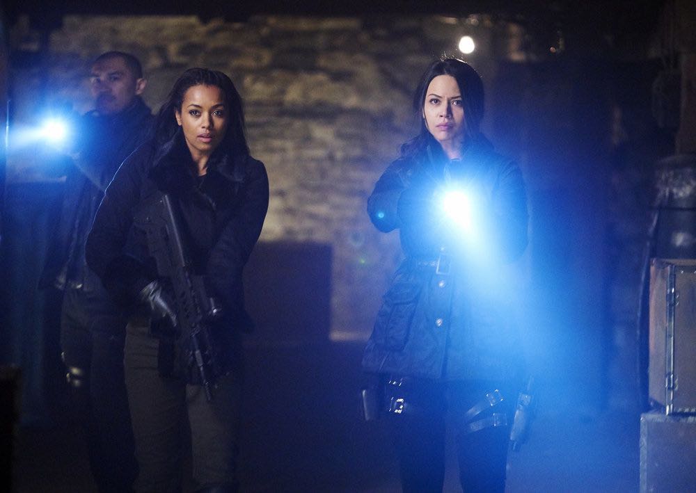 DARK MATTER -- "We Voted Not to Space You" Episode 205 -- Pictured: (l-r) Alex Mallari, Jr. as Four, Melanie Liburd as Nyx, Melissa O'Neil as Two -- (Photo by: Steve Wilkie/Prodigy Pictures/Syfy)