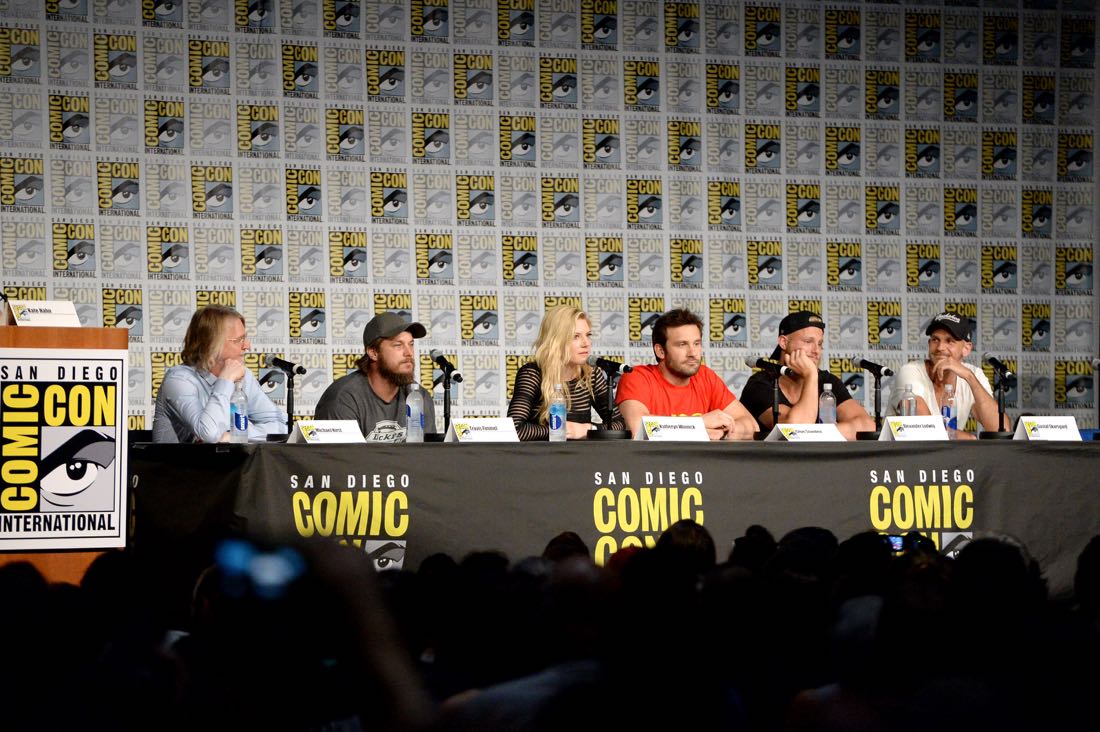 SAN DIEGO, CA - JULY 22: Writer/executive producer Michael Hirst, actors Travis Fimmel, Katheryn Winnick, Clive Standen, Alexander Ludwig, Gustaf Skarsgard attend the "Vikings" panel during Comic-Con International 2016 at San Diego Convention Center on July 22, 2016 in San Diego, California. (Photo by Charley Gallay/Getty Images for HISTORY )