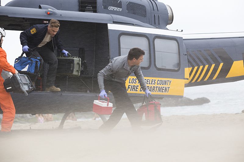 "Second Year" -- Colonel Ethan Willis (Rob Lowe) joins the team at Angels Memorial from the Department of Defense and takes Dr. Mike Leighton on a harrowing helicopter ride to save shark bite victims in Malibu, on the second season premiere of CODE BLACK, Wednesday, Sept. 28 (10:00-11:00PM, ET/PT), on the CBS Television Network. Pictured: Rob Lowe (Col. Ethan Willis), Tommy Dewey (Dr. Mike Leighton) Photo: Paul Sarkis/CBS é2016 CBS Broadcasting, Inc. All Rights Reserved