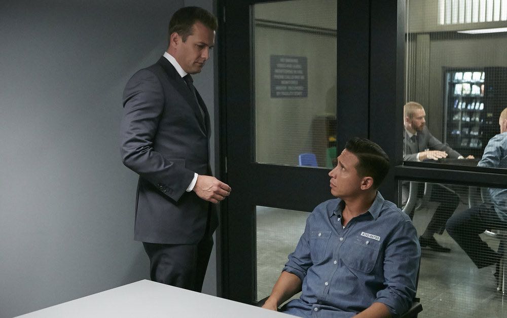SUITS -- "Trust" Episode 605 -- Pictured: (l-r) Gabriel Macht as Harvey Specter, Erik Palladino as Kevin Miller -- (Photo by: Ian Watson/USA Network)