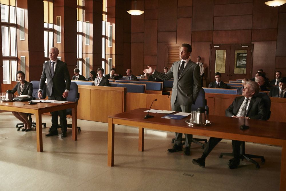 SUITS -- "Trust" Episode 605 -- Pictured: (l-r) Neal McDonough as Sean Cahill, Gabriel Macht as Harvey Specter, Alan Rosenberg as William Sutter -- (Photo by: Ian Watson/USA Network)