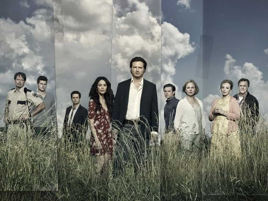 (L to R) JD Evermore as Sheriff Carl Daggett, Jake Austin Walker as Jared Talbot, Luke Kirby as Jon Stern, Abigail Spencer as Amantha Holden, Aden Young as Daniel Holden, Clayne Crawford as Ted Talbot Jr, Adelaide Clemens as Tawney Talbot, J Smith-Cameron as Janet Talbot, Bruce McKinnon as Ted Talbot Sr - Rectify _ Season 4, Gallery - Photo Credit: James Minchin/Sundance TV
