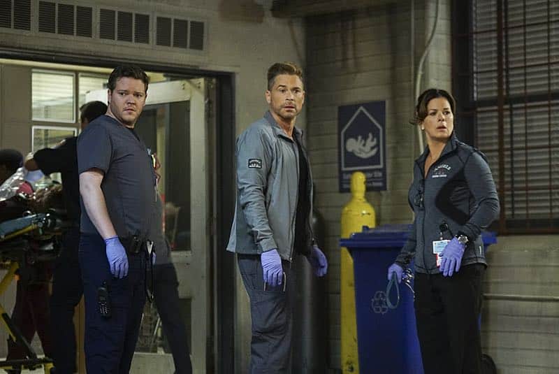 "Demons and Angels" -- On Halloween night, Willis, Noa and Elliott rush to the scene of a fire at a haunted theater, where Dr. Nolan (Kathleen Rose Perkins) and her boyfriend's son are trapped, on CODE BLACK, Wednesday, Oct. 26 (10:00-11:00 PM, ET/PT), on the CBS Television Network. Pictured: Harry Ford (Dr. Angus Leighton), Rob Lowe (Col. Ethan Willis), Marcia Gay Harden (Dr. Leanne Rorish) Photo: Monty Brinton/CBS é2016 CBS Broadcasting, Inc. All Rights Reserved