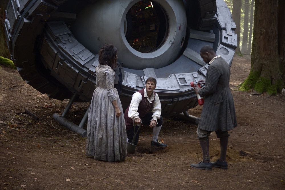 TIMELESS -- "Stranded" Episode 106 -- Pictured: (l-r) Abigail Spencer as Lucy Preston, Matt Lanter as Wyatt Logan, Malcolm Barrett as Rufus Carlin -- (Photo by: Sergei Bachlakov/NBC)