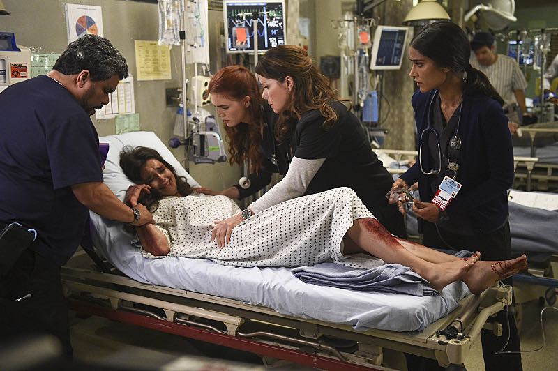 "Hero Complex" -- Malaya must inform a college student who regains consciousness at Angels Memorial that she's the victim of a rape, and Willis and Campbell butt heads over a terminally ill woman who wants to end her life on her own terms, on CODE BLACK, Wednesday, Nov. 9 (10:00-11:00 PM, ET/PT), on the CBS Television Network. Annabeth Gish guest stars as Geraldine, the mother of the terminally ill girl; Richard Lewis guest stars as Stewart, a stand-up comedian who collapsed while on stage, and Stephen Culp returns as Desmond Leighton, Angus and Mike's father. Pictured: Luis Guzmán (Jesse Sallander), True O'Brien (Joy Samton), Emily Tyra (Dr. Noa Kean), Marcia Gay Harden (Dr. Leanne Rorish), Melanie Chandra (Dr. Malaya Pineda) Photo: Ron P. Jaffe/CBS é2016 CBS Broadcasting, Inc. All Rights Reserved