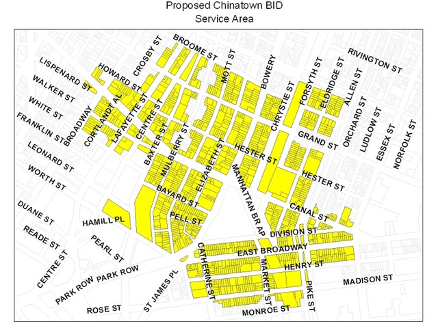 The Chinatown BID's proposed service area is bounded by Broome Street to the north, Broadway to the west, Allen and Rutgers streets to the east, and White, Worth and Madison streets to the south.