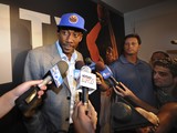 Amar'e Stoudemire talks to reporters in New York.(AP Photo/ Louis Lanzano)