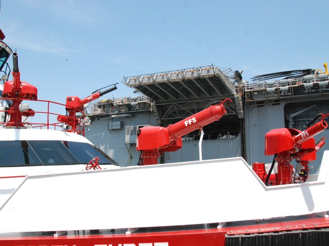 The boat's water canons can shoot 50,000 gallons of water per minute.
