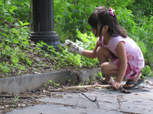A girl examines the weeds she pulls out of ground before tossing them to the side.