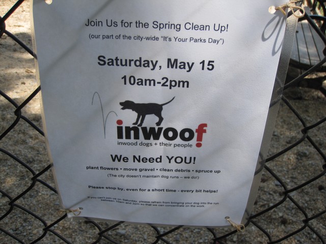 Members of Inwoof, the community of dog owners who frequent Homer's Run in Inwood Hill Park, spent the day cleaning, spreading gravel and preparing the dog run for summer fun.