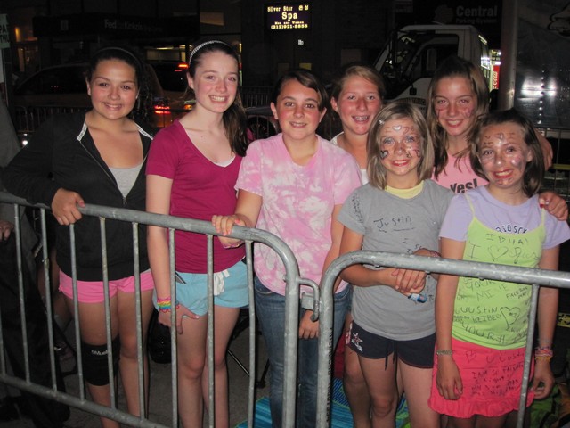 Kaitlin Mahon, 12, from Long Island and Kaitee Mesler, 13, Terra Risley, 12, Jordan Draper, 12, Taryn Conel, 10, Kendall Conely, 13, and Sophie Schepici, 10, all from Rhode Island were thrilled to be on line Thursday night to get to see Justin Bieber perform Friday morning.