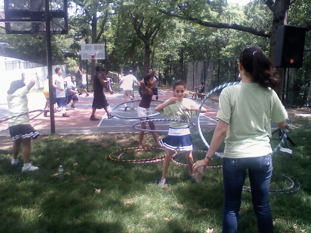Kids and parents gave hula hooping a twirl.