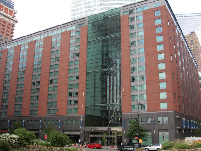 The Embassy Suites hotel, which fills most of this building at 102 North End Avenue, will become the luxury Conrad New York next year.