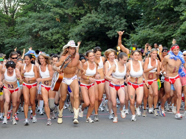 Naked Cowboy Kicks off His Boots with Naked Runners in Their Underwear in Central Park